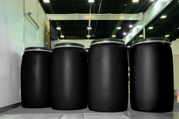 Black plastic drums for chemical packaging and shipping