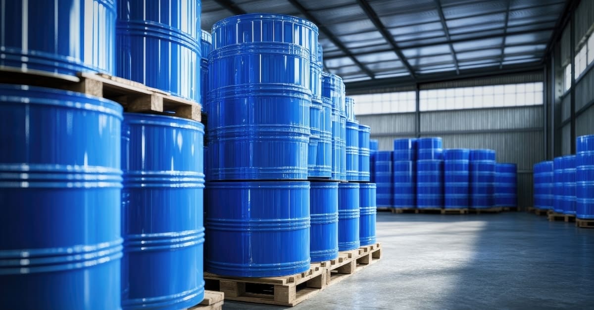 Chemical products in drums prepared for transportation